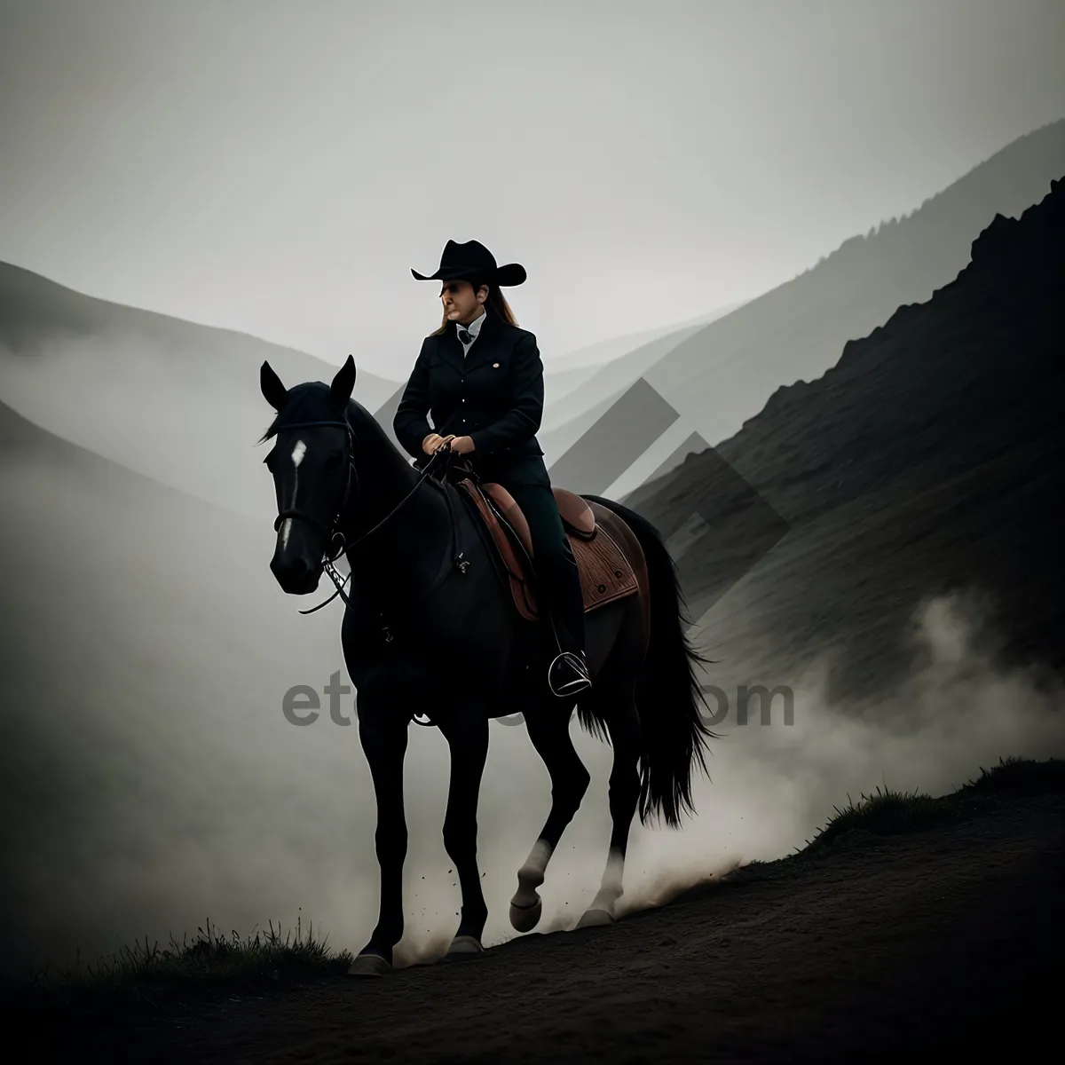 Picture of Equestrian Cowboy on Saddle in Horse Field.