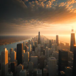 City Glow: Majestic Skyscrapers Reflecting Evening Skyline