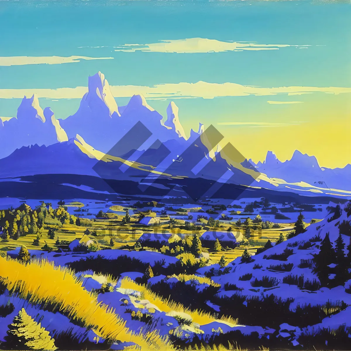 Picture of Rural Sunset Over Meadow and Mountains
