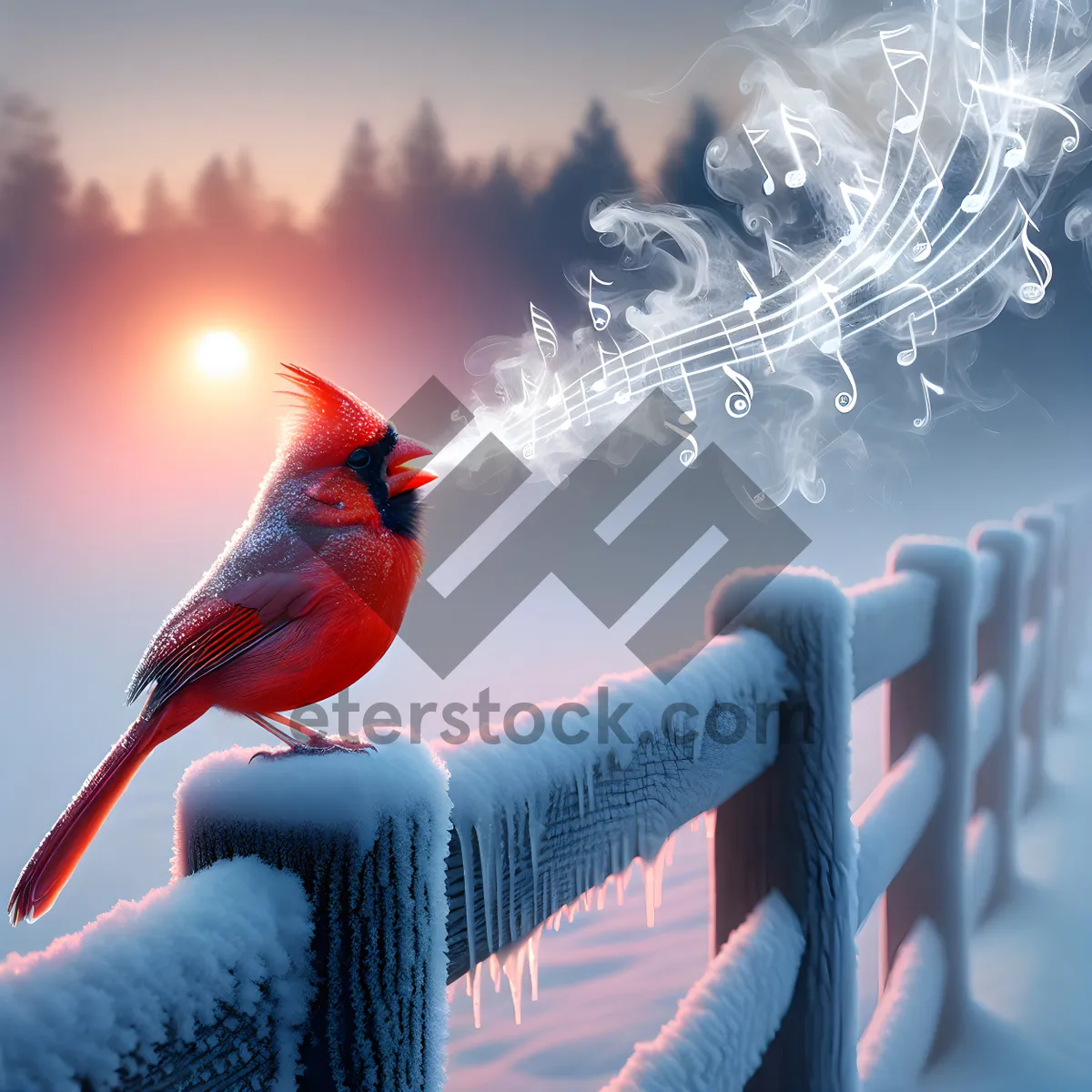 Picture of Winter bird perched on snowy branch with crystal ice