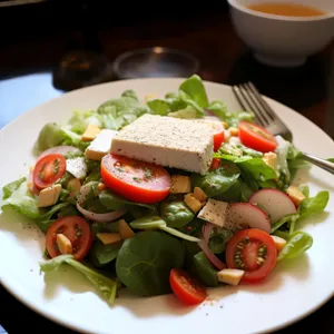 Fresh gourmet salad with vegetables and cheese.