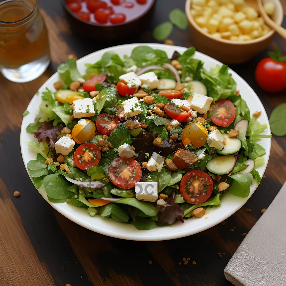 Picture of Gourmet vegetarian salad with chickpeas and olives.