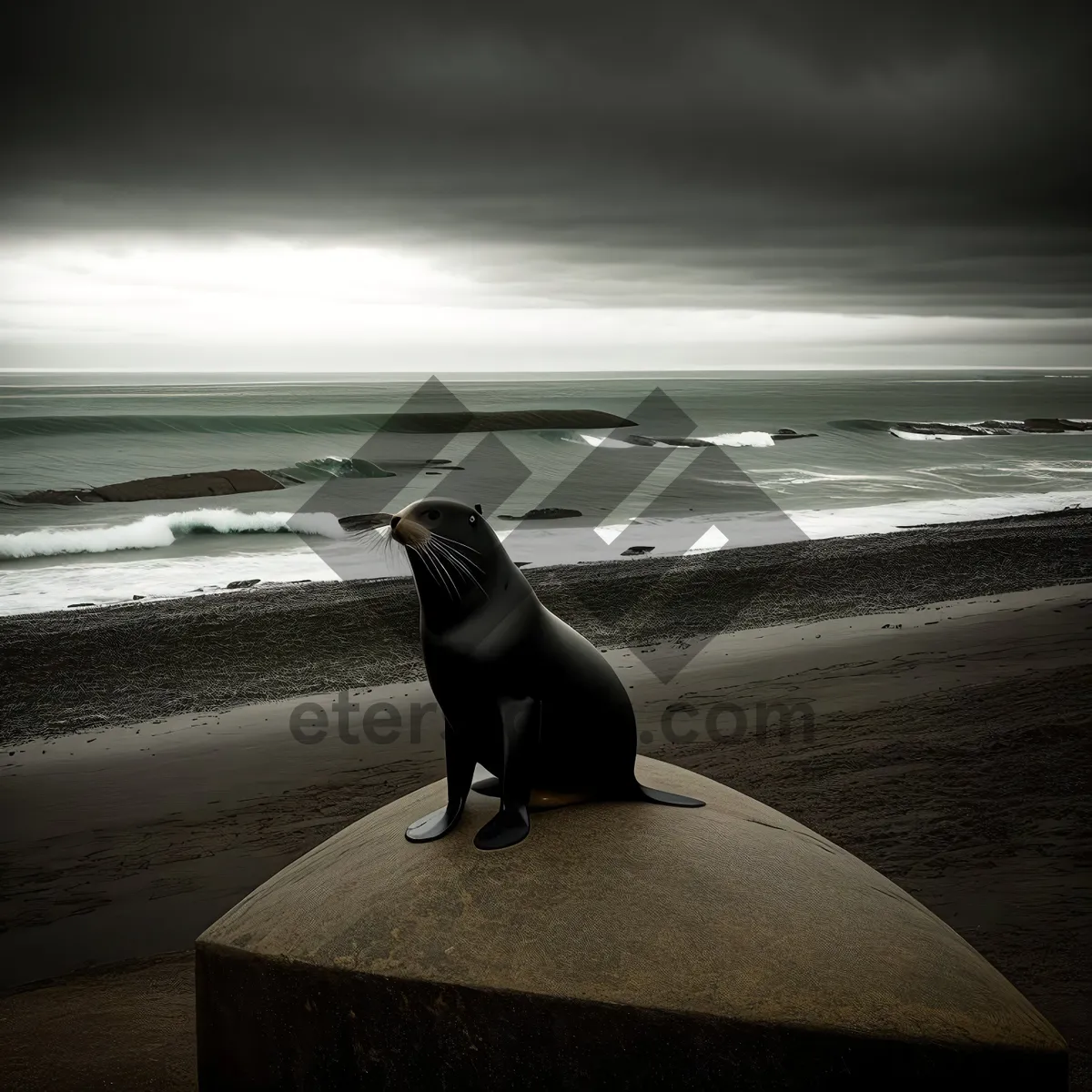 Picture of Playful seal and majestic penguins by the ocean