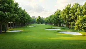 Skyline golf course with flags, trees and golfer