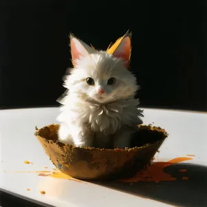 Curious fluffy kitten with green eyes.