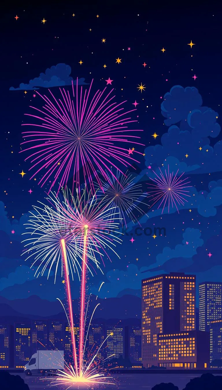 Picture of Dark theme fireworks celebration in winter night sky.
