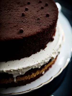 Delicious Chocolate Cake with Cream and Chocolate Sauce