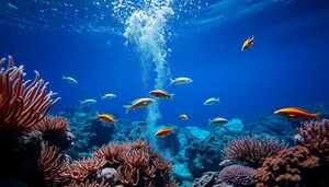 Colorful coral reef in the tropical ocean depths.