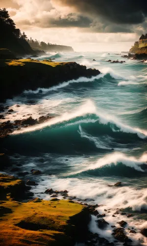 Tropical beach with crashing waves on rocky shore