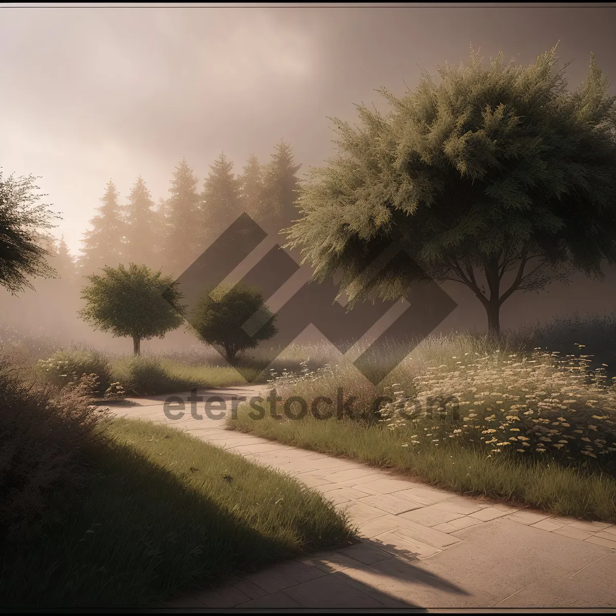 Picture of Serene Rural Landscape: Tree-lined Field under Sunny Sky
