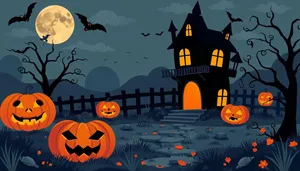 Cartoon Halloween Night with Silhouette Bat and Moon