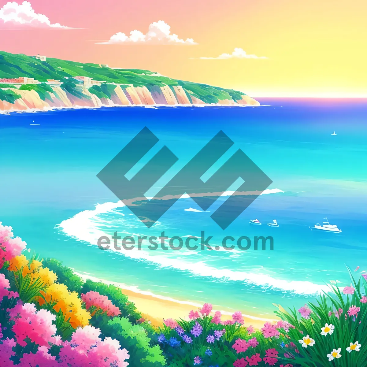 Picture of Tranquil Coastal Paradise: Sun-Kissed Beach beneath a Colorful Sunset