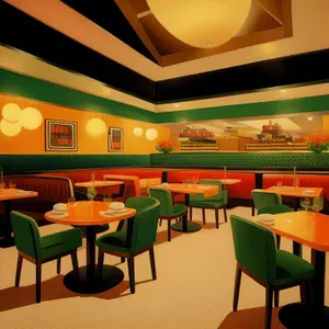 Modern interior design of stylish restaurant with wooden chairs