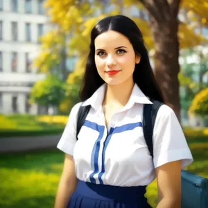 Cheerful brunette lady smiling happily in the park