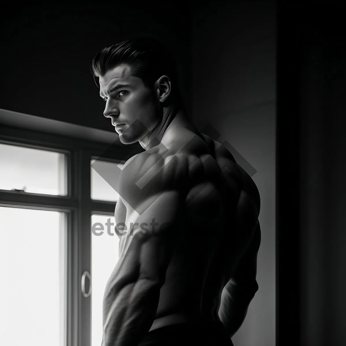 Picture of Muscular Sensuality: Attractive Male Bodybuilder in Dark Studio