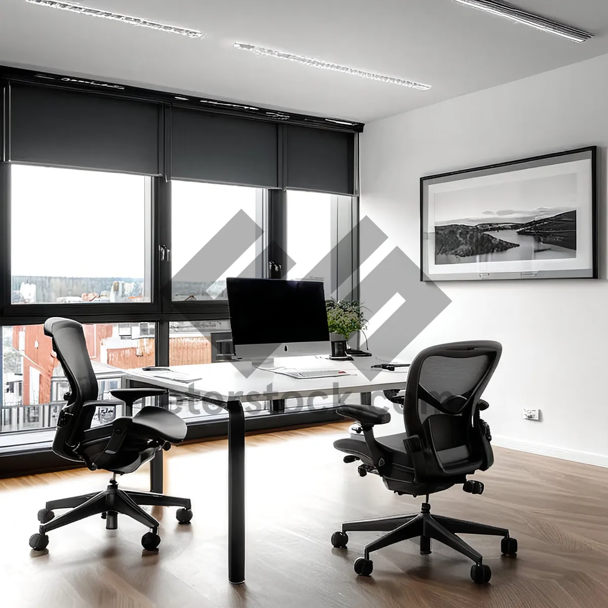 Picture of Modern office interior furniture design with wood details.