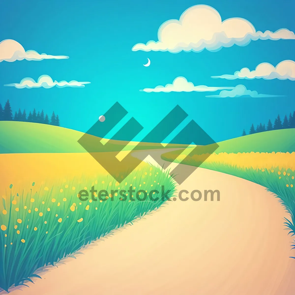 Picture of Summer Landscape with Sky, Tree, and Wheat Field