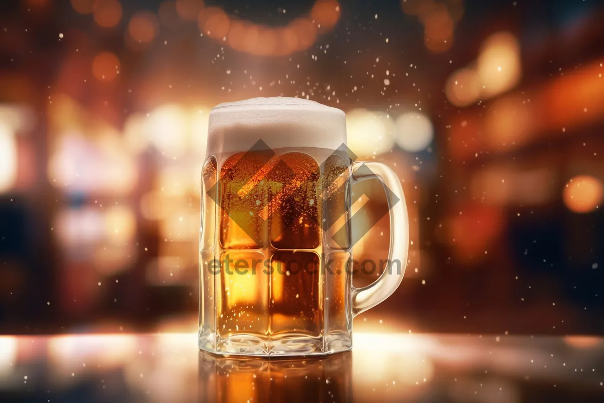 Picture of Golden Beer Glass with Bubbles and Froth