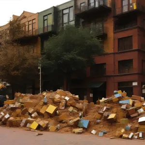 Urban warehouse surrounded by rubbish piles