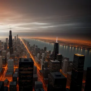 Urban Skyline at Sunset: Modern Cityscape with Skyscrapers