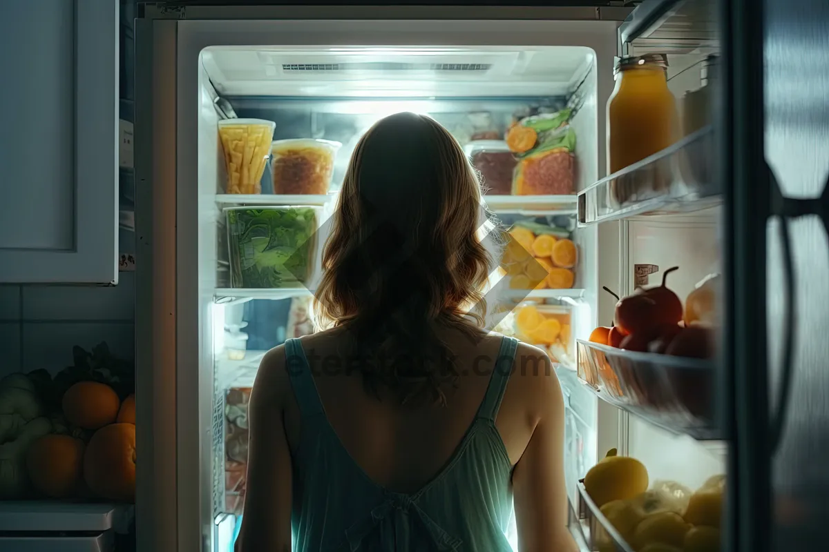 Picture of Happy Woman Smiling in Kitchen with Refrigerator