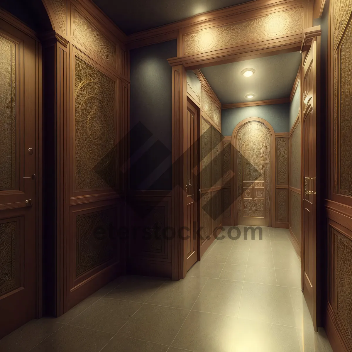 Picture of Modern Luxury Interior with Wood Flooring and Decorative Lighting.