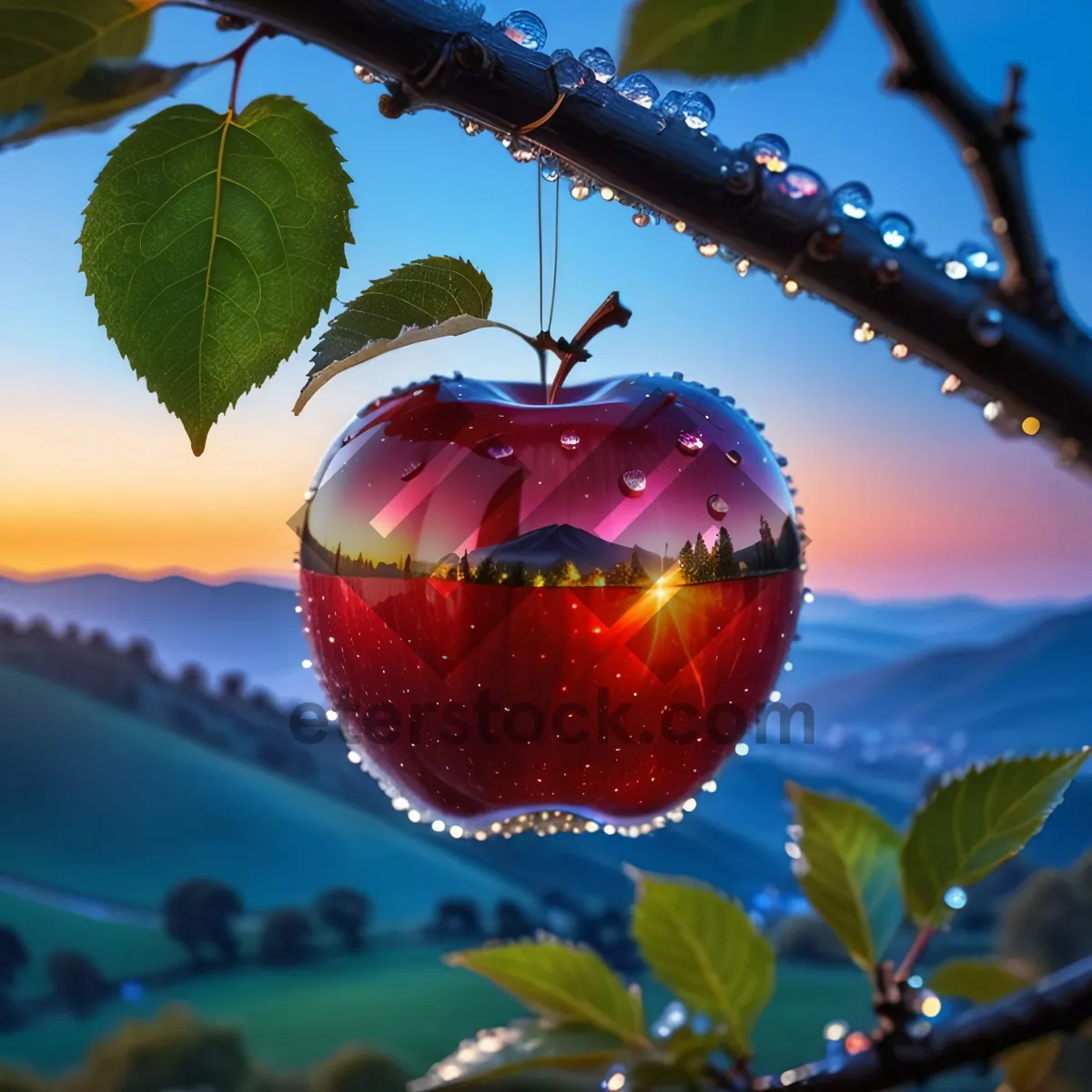 Picture of Organic apple branch with ripe red delicious fruit