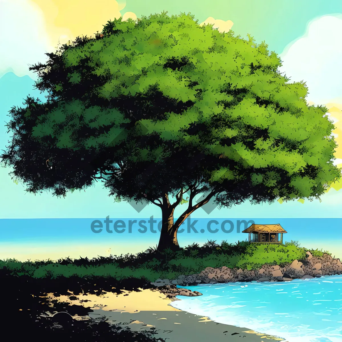 Picture of Tropical Coastline Bliss: Beach, Palm Trees, Turquoise Waters