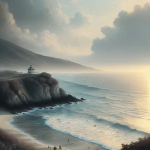 Sunset Serenity: Majestic Waves Embrace Rocky Coastline