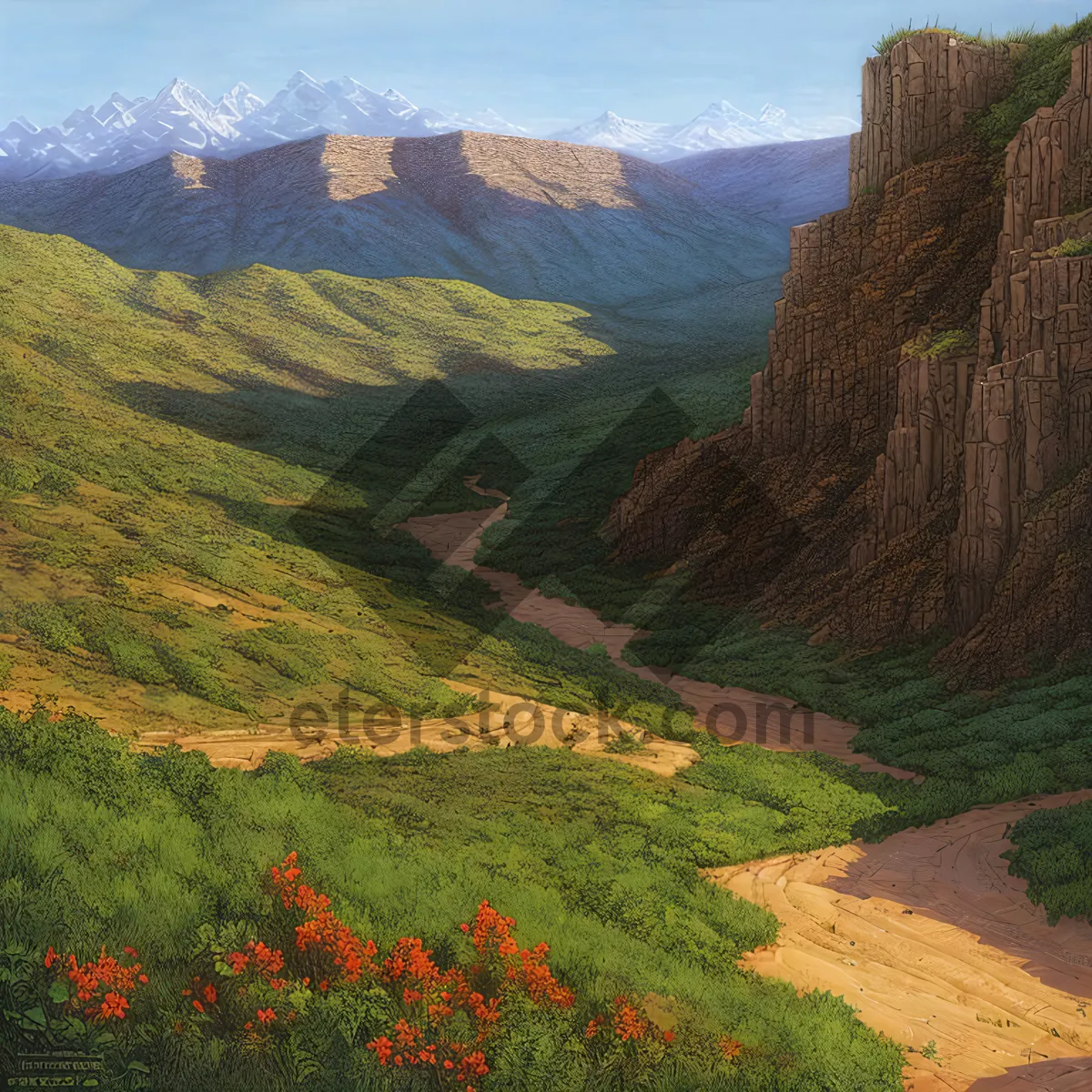 Picture of Southwest River Canyon Landscape with Majestic Mountain Range