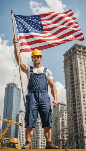 Patriot tourist posing with flag in front of building.