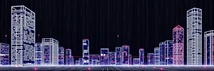 Modern city skyline with illuminated billboards at night