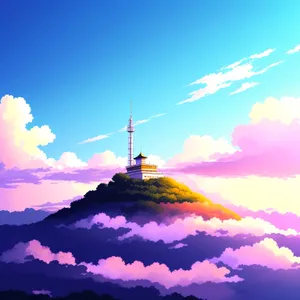 Serenity at Sunset: Majestic Mountain Tower & Atmospheric Sky