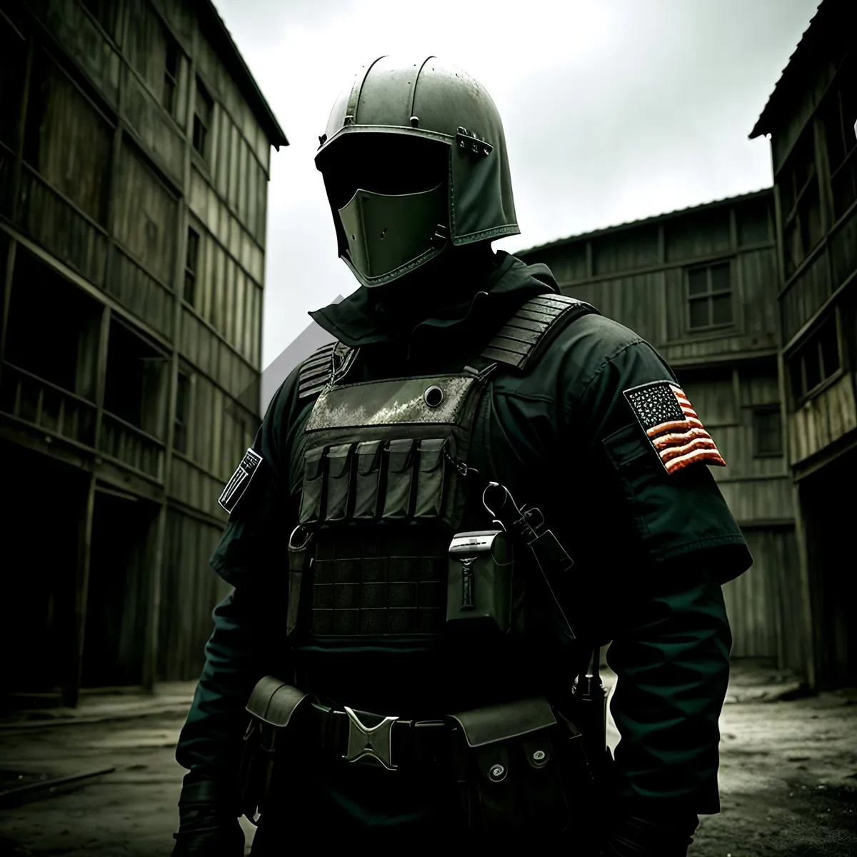 Picture of Soldier in Bulletproof Vest and Helmet