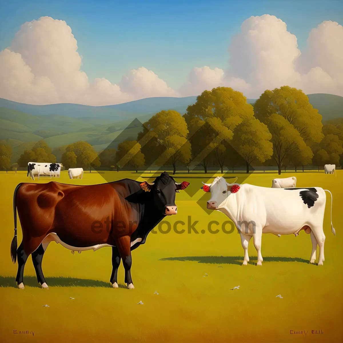 Picture of Serene Countryside: Lush Green Meadow with Grazing Cows