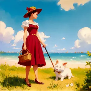 Joyful Couple with Leashed Terrier on Sunny Beach