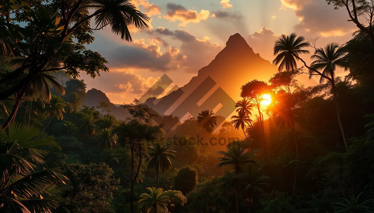 Picture of Tropical sunset silhouette over tranquil beach scene