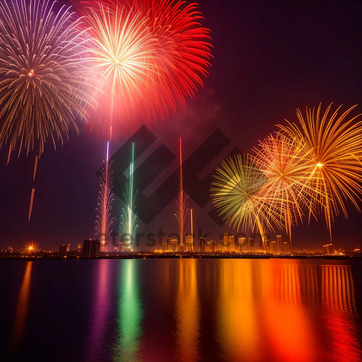 Picture of Colorful Burst of Bright Fireworks Lighting up the Night Sky