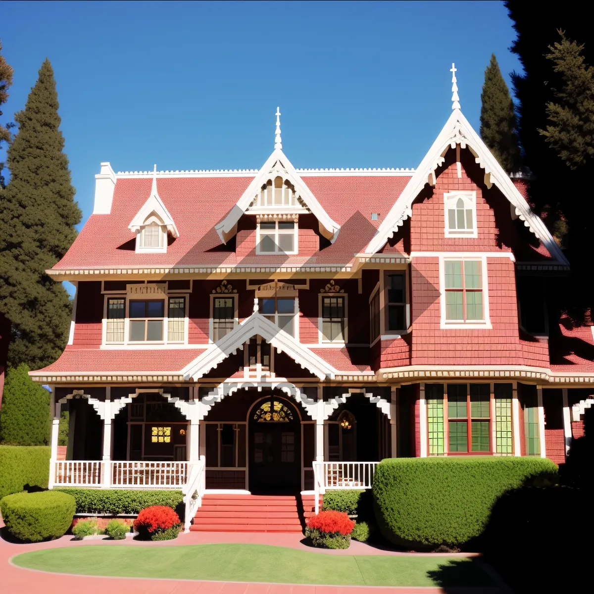 Picture of Historic Villa with Majestic Roof and Picturesque Landscaping.