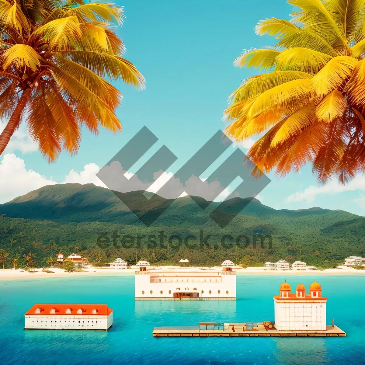 Picture of Tropical Sunset over Turquoise Waters and Palm Trees