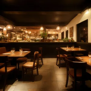 Modern interior design of a contemporary restaurant dining hall.