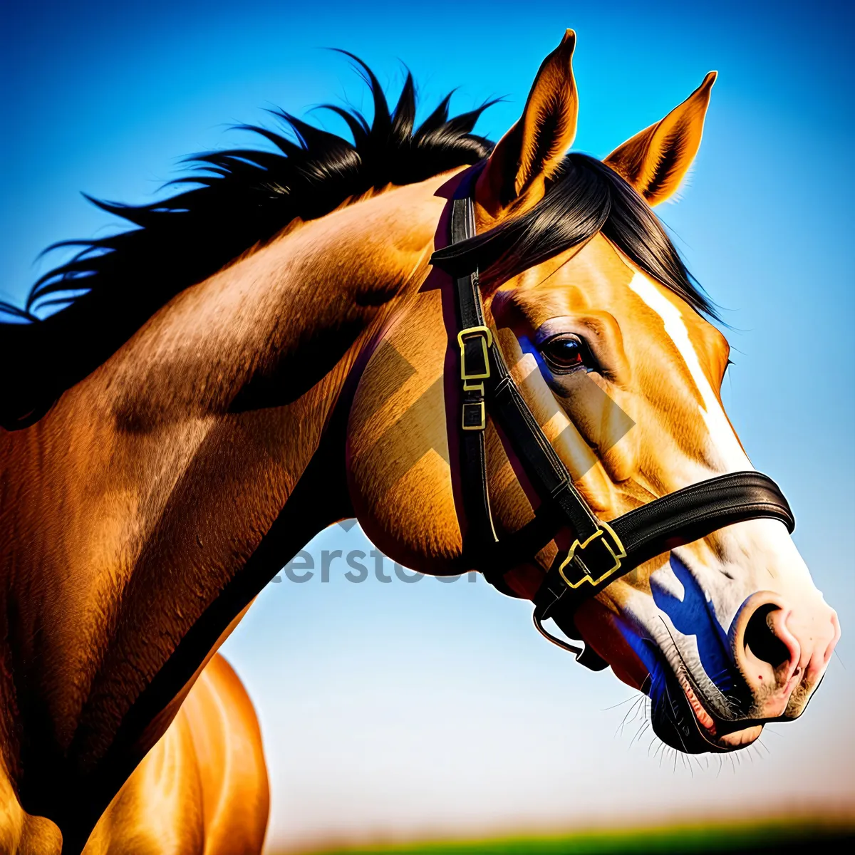 Picture of Brown Thoroughbred Horse with Bridle and Mane