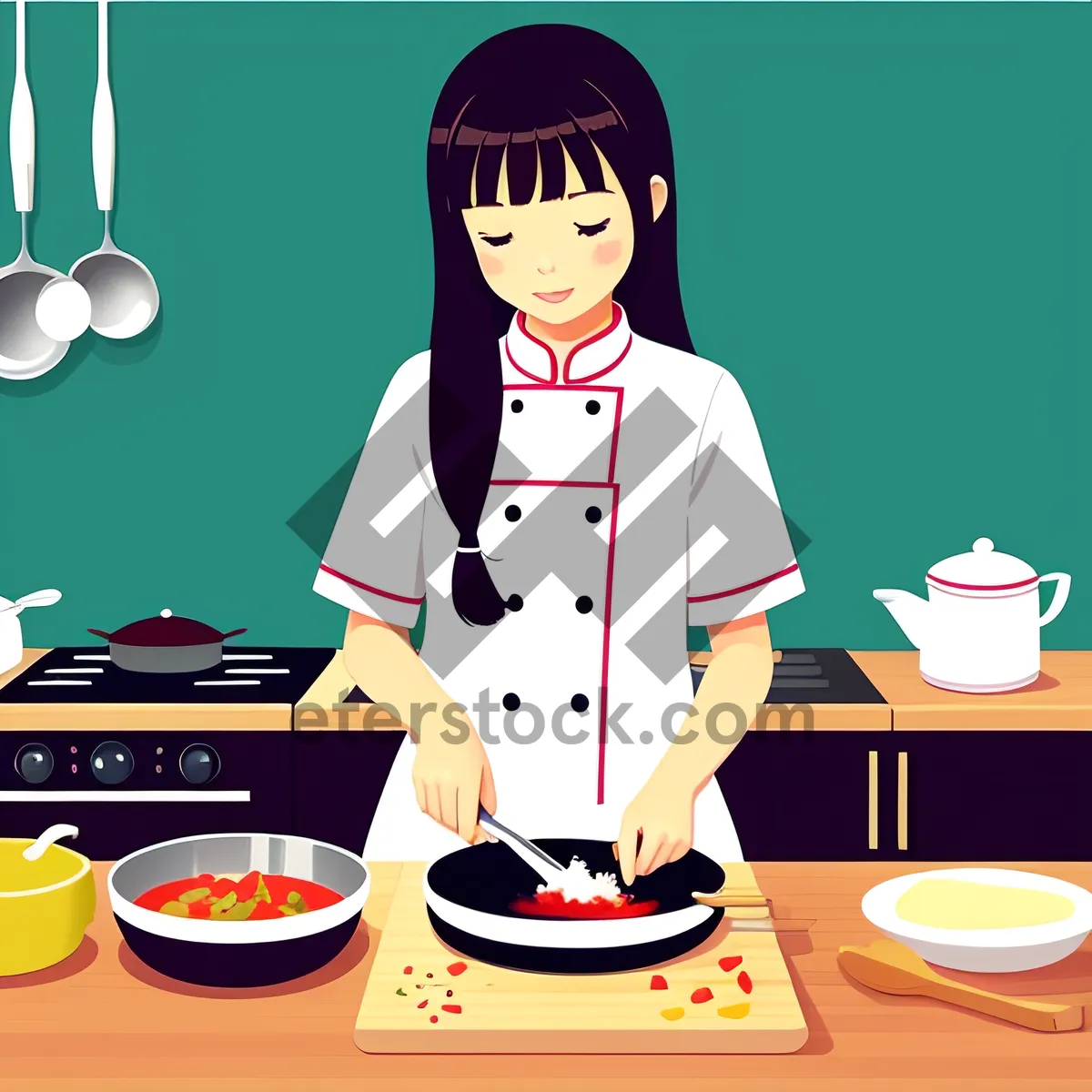 Picture of A Cheerful Cartoon Girl Chef Prepares Food With a Joyful Expression on her Face
