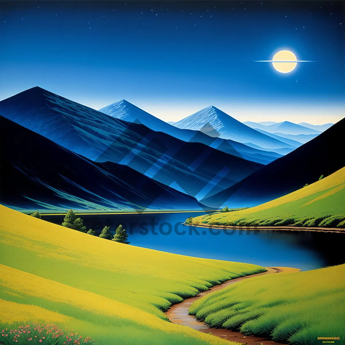Picture of Vibrant Sunset over Meadow: Tranquil Nature Scene