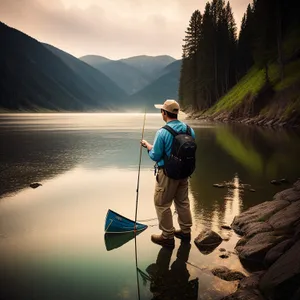 Serene Summer Waterscape with Fisherman Enjoying Outdoor Sport