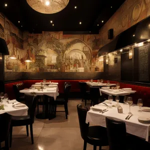 Modern restaurant interior with luxurious design and lighting.