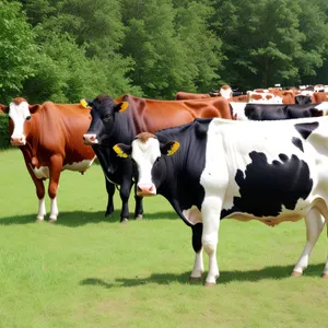 Rural Meadow with Grazing Horses and Cows