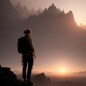 Silhouette of man hiking against stunning mountain sunset