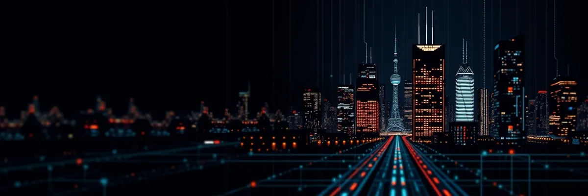 Picture of Modern city skyline at night with light streaks.