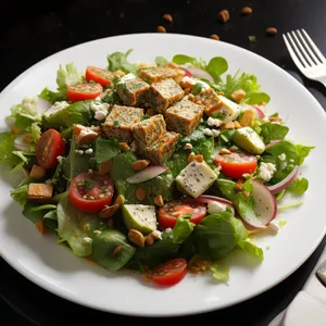 Fresh vegetable salad with grilled meat and tangy dressing.